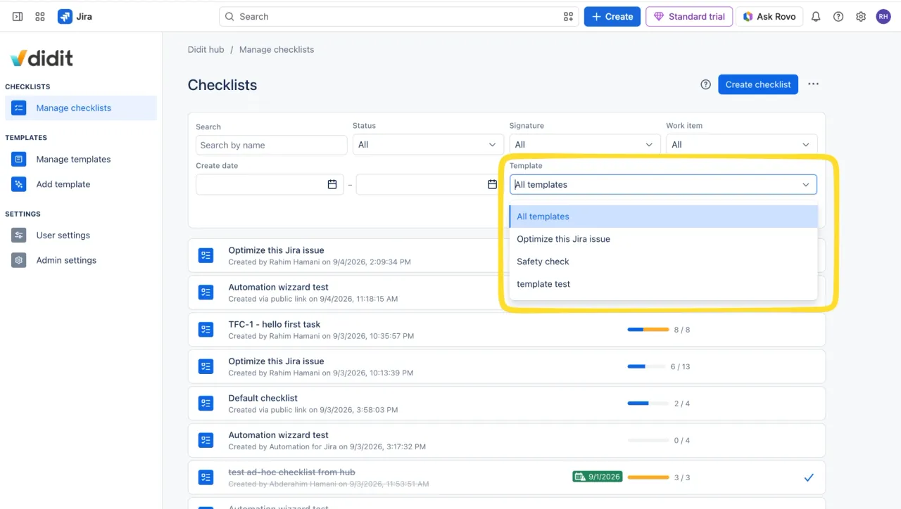 Filter by checklist template.