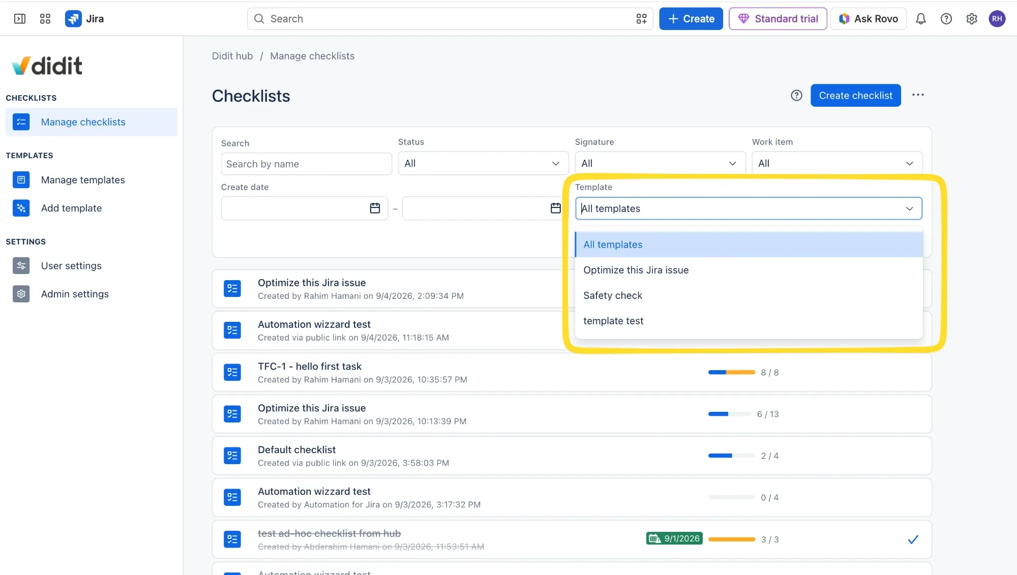 Filter by checklist template.