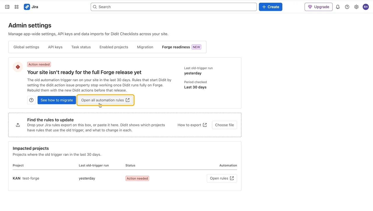 Exporting all automation rules in Jira: More actions, then Export flows, Next, and Done, after which Jira downloads the JSON file.