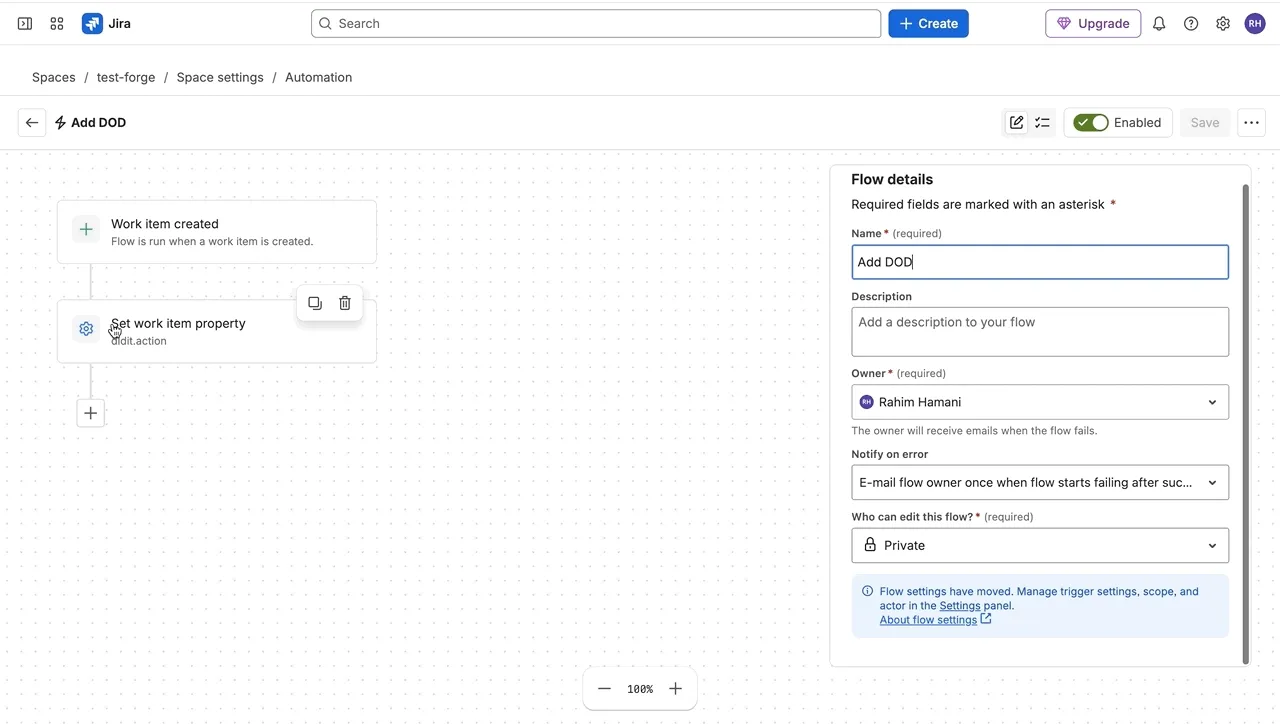 Rebuilding the rule Add DOD: adding the Create checklist from template action, copying the template ID from the old action into it, choosing Replace, deleting the old action, and saving the rule.