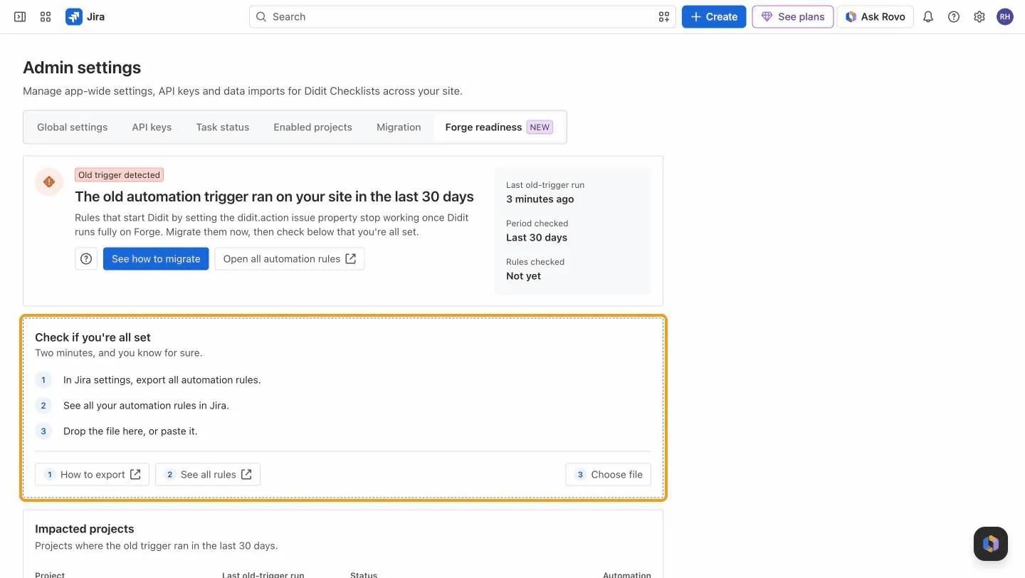 Pasting an export of all rules into Check if you are all set in the Forge readiness tab. The status turns to Action needed with 3 rules still on the old trigger, listed by project: one global rule and two rules in the KAN project, all to rebuild with Create checklist from template.