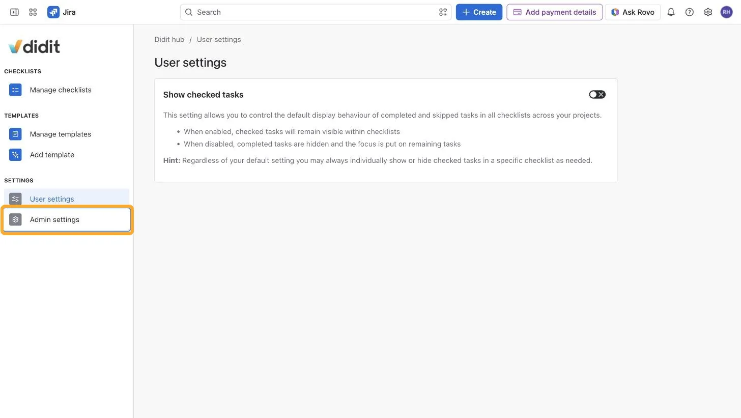 The Didit hub with the Admin settings entry in the left navigation highlighted.