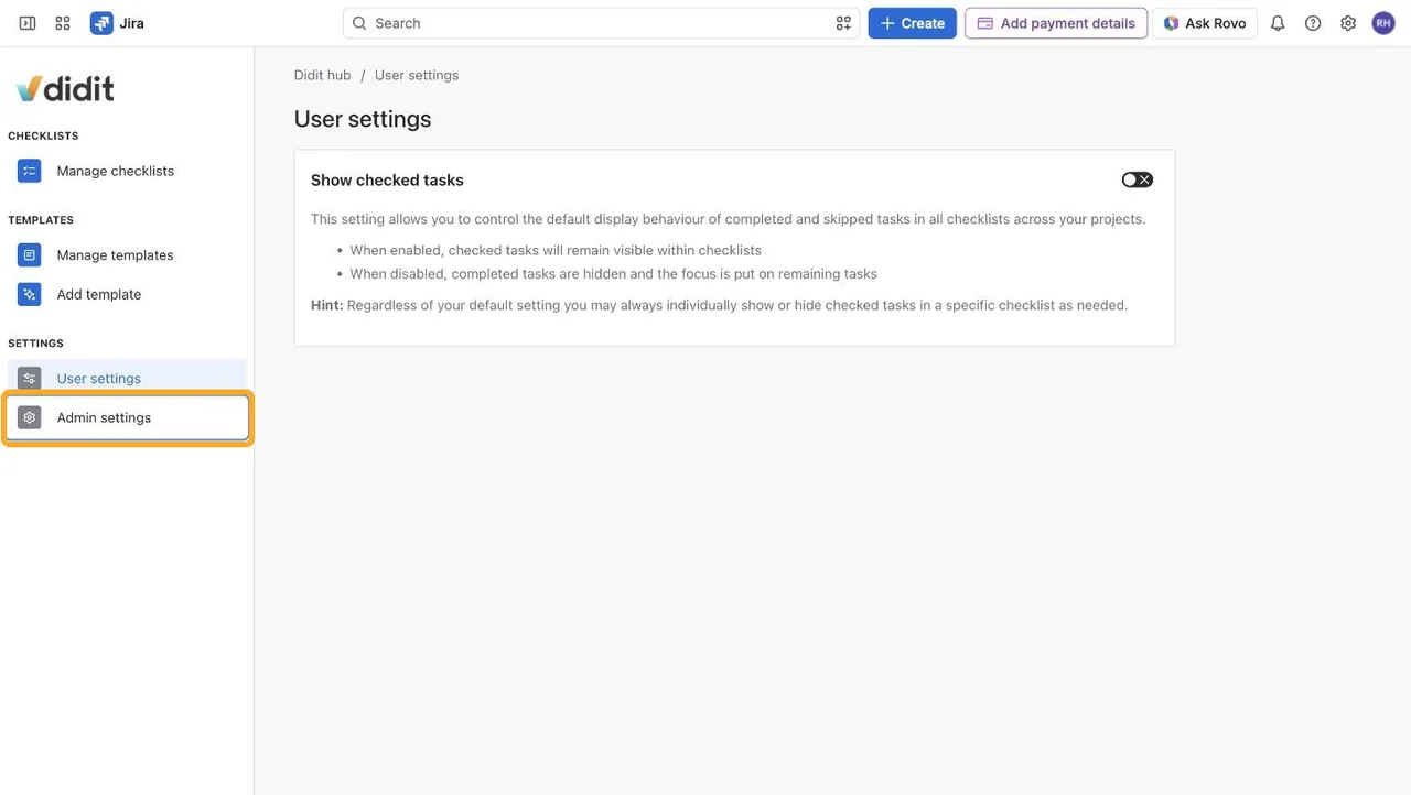 The Didit hub with the Admin settings entry in the left navigation highlighted.