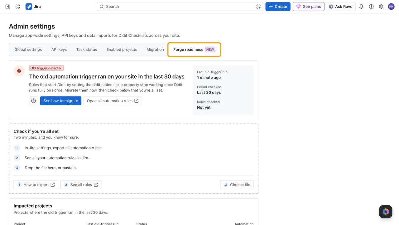 The Forge readiness tab in the Didit admin settings showing the Old trigger detected status, the last old-trigger run, the Check if you are all set box, and Impacted projects below it.