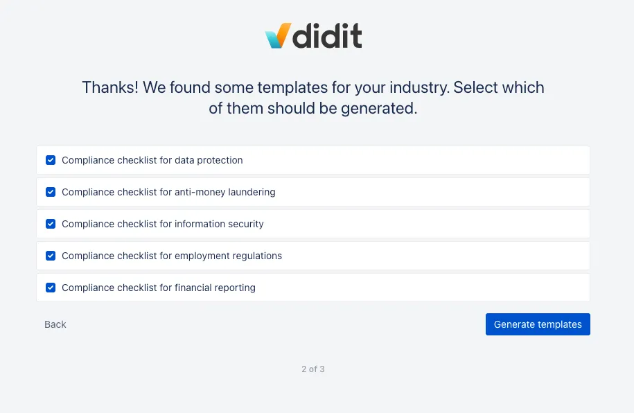 A list of generated checklists related to compliance.