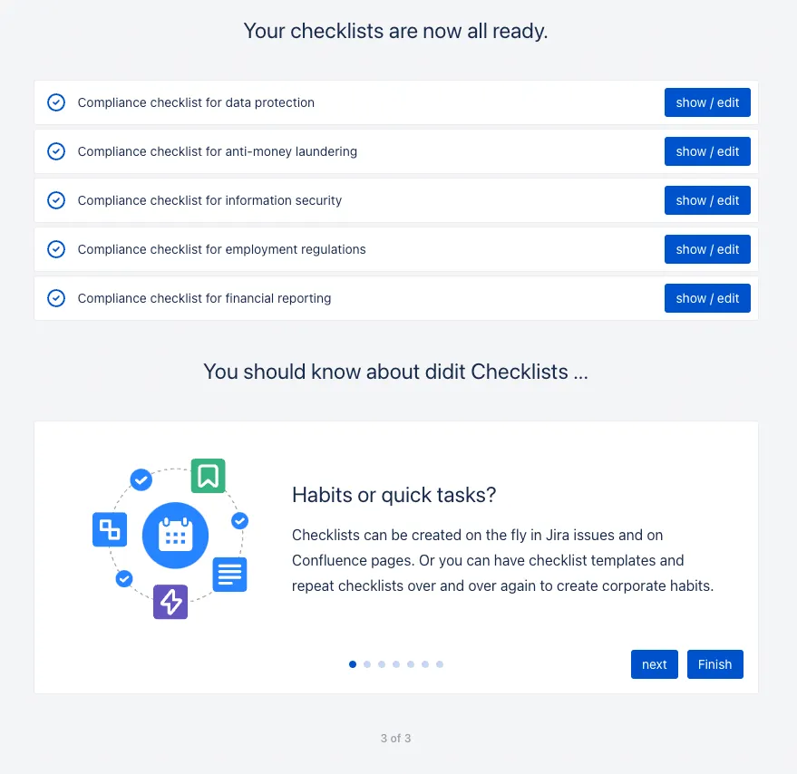 A list of generated checklists which the user selected to add to the templates.