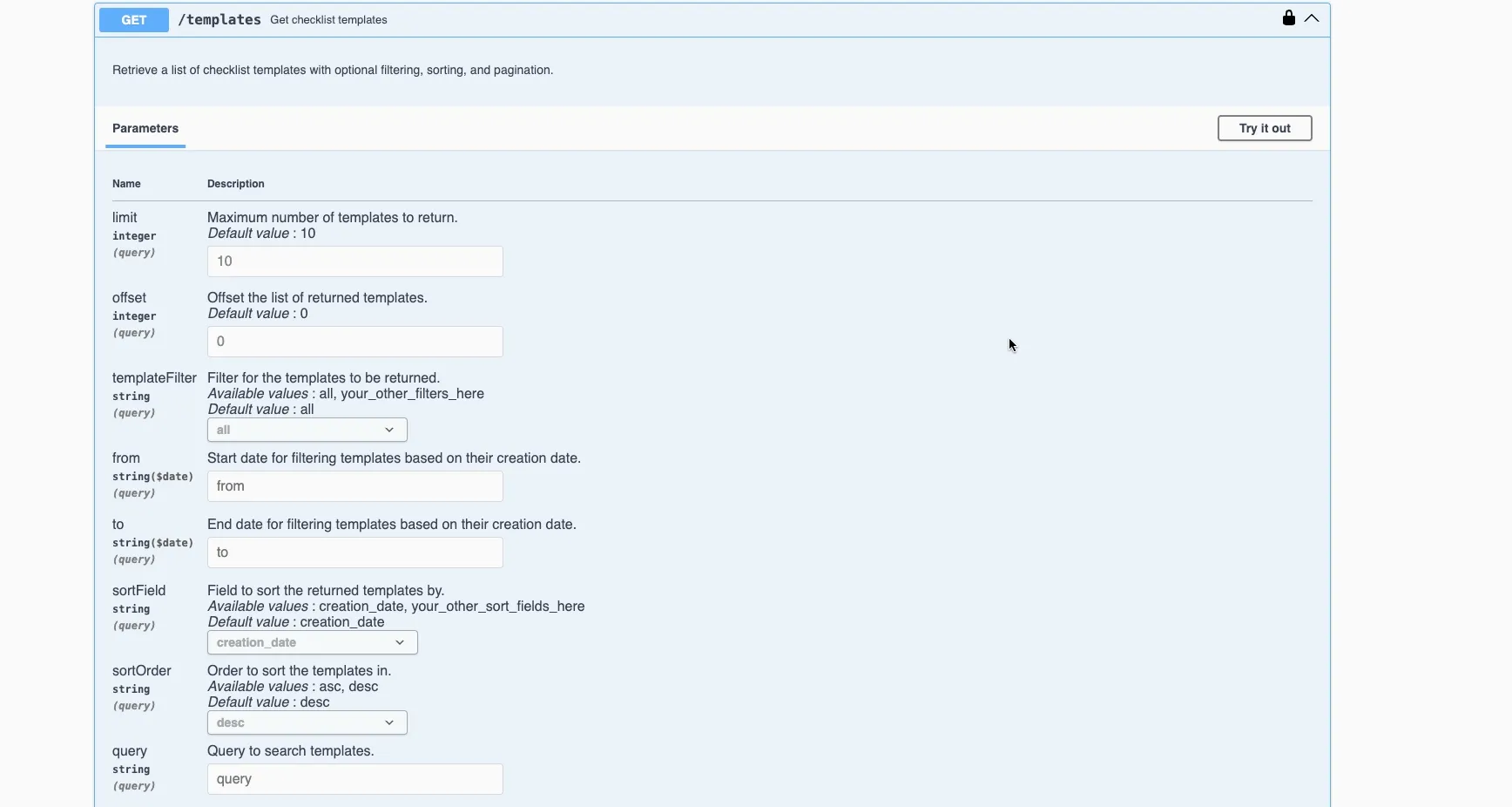 An example of getting all templates with the checklist API.