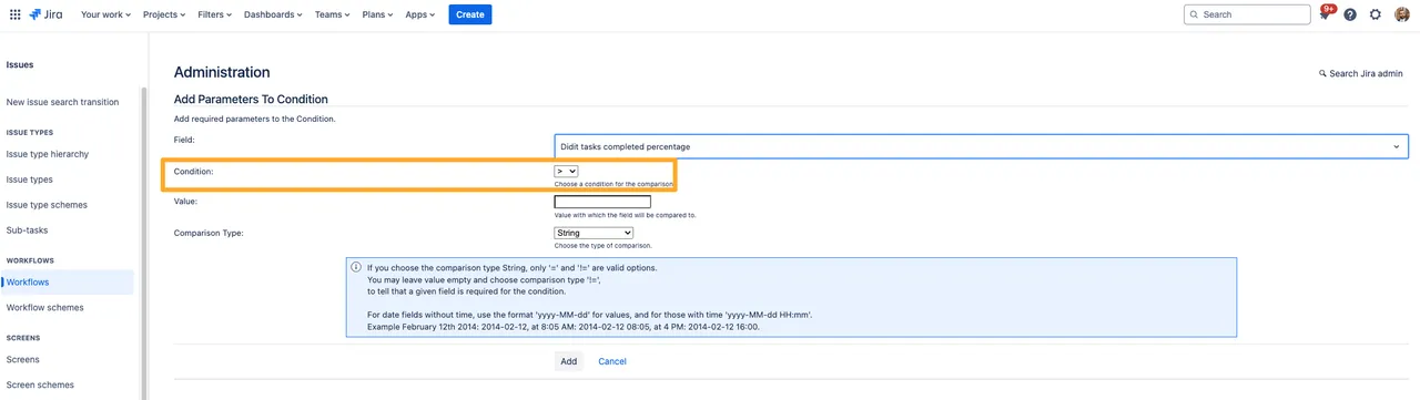 The value field condition editor with the condition field highlighted.