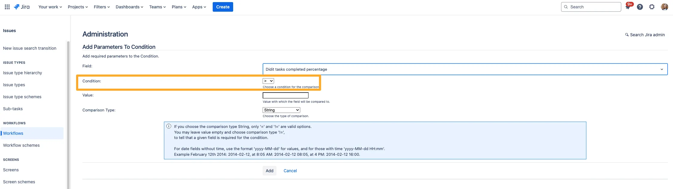 The value field condition editor with the condition field highlighted.