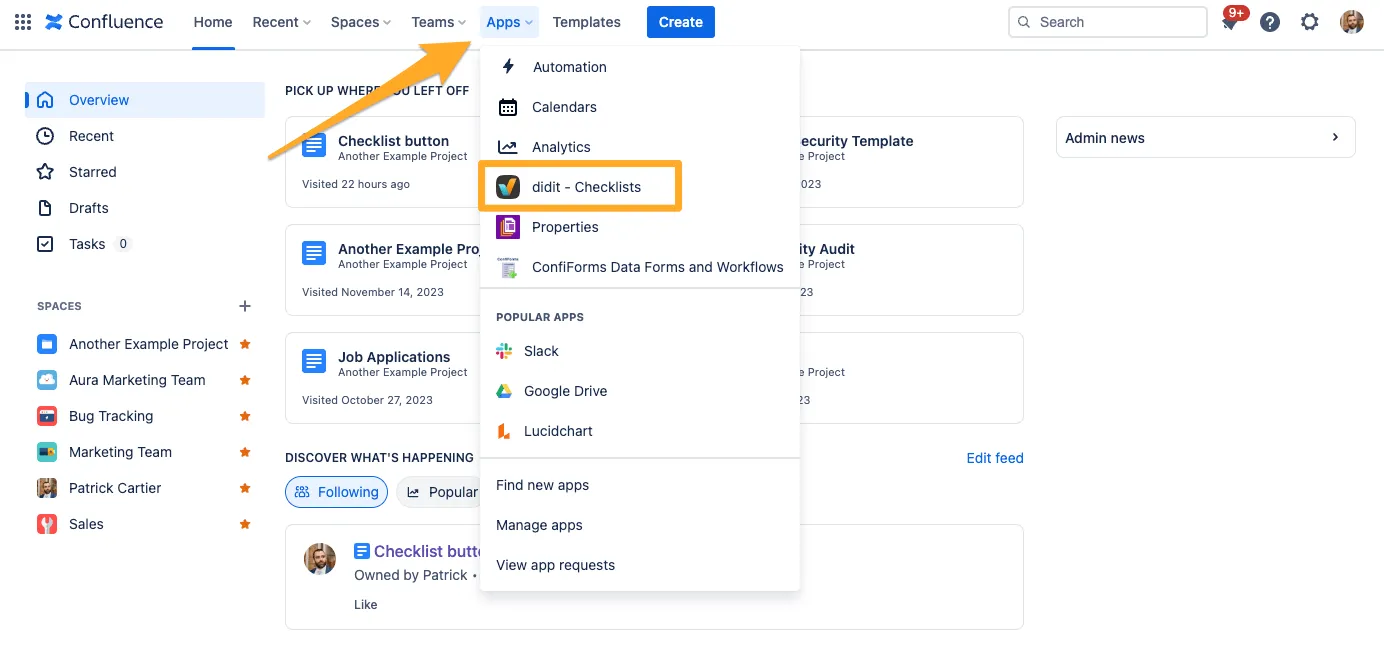 Confluence with the Apps dropdown open and the Didit - Checklists button highlighted.