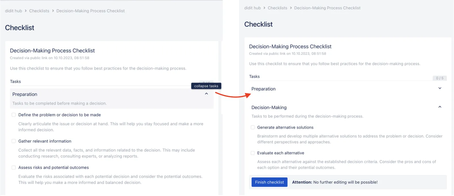 A side by side photo. One with the heading of a checklist expanded and the other collapsed.