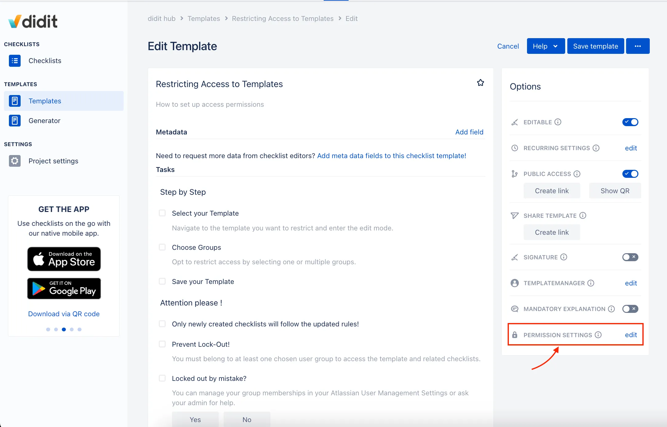 The Didit template settings with the permission settings button highlighted.