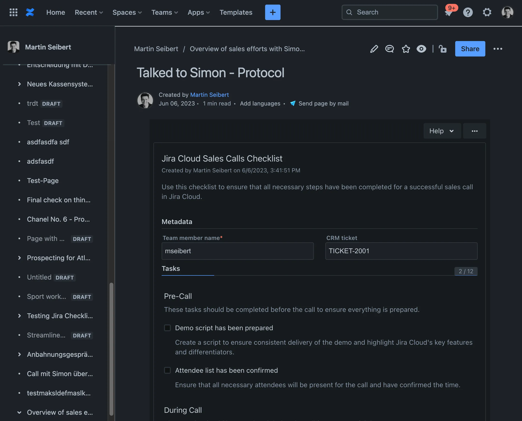 A Confluence page with a Didit checklist in dark mode.