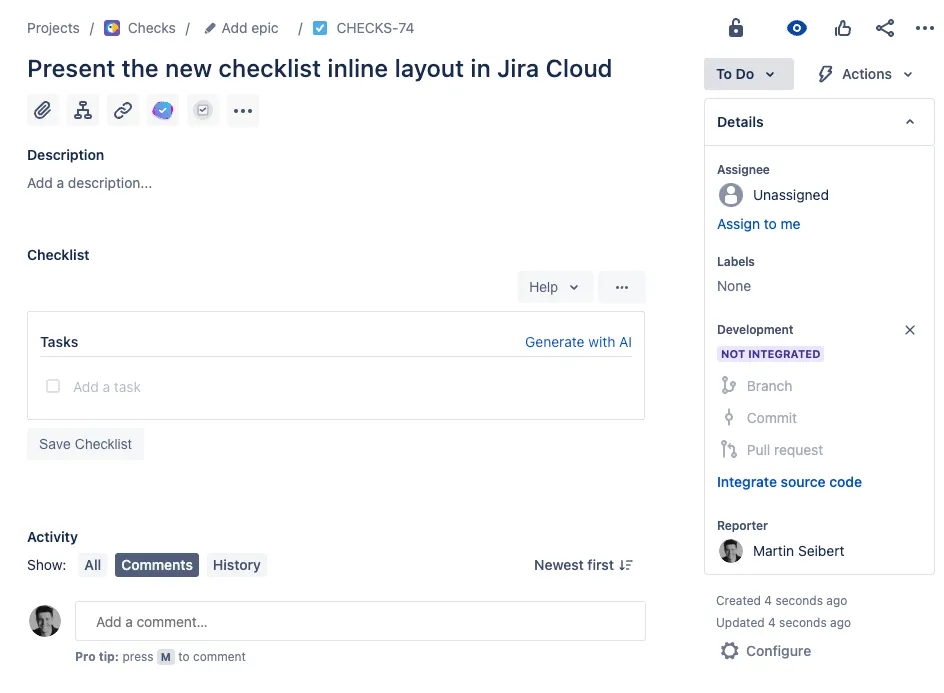 A Jira issue with a blank checklist.