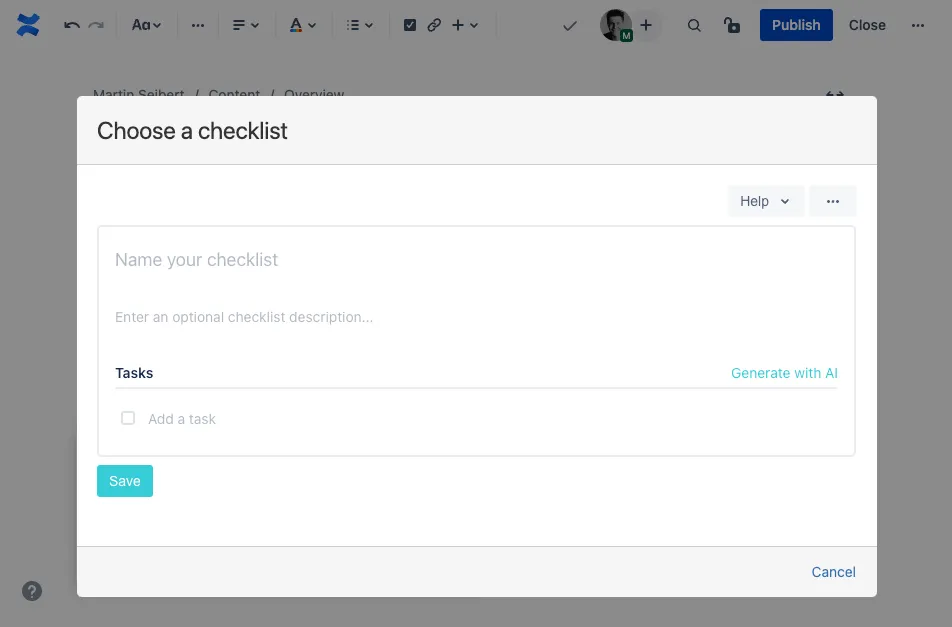 A blank checklist in the Didit Confluence macro.