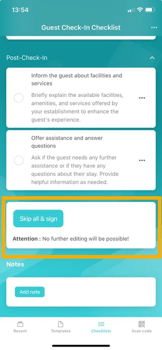 A Didit checklist in the iOS app with the skip all and sign option highlighted.