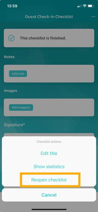 A Didit checklist in the iOS app with the Reopen checklist option highlighted.