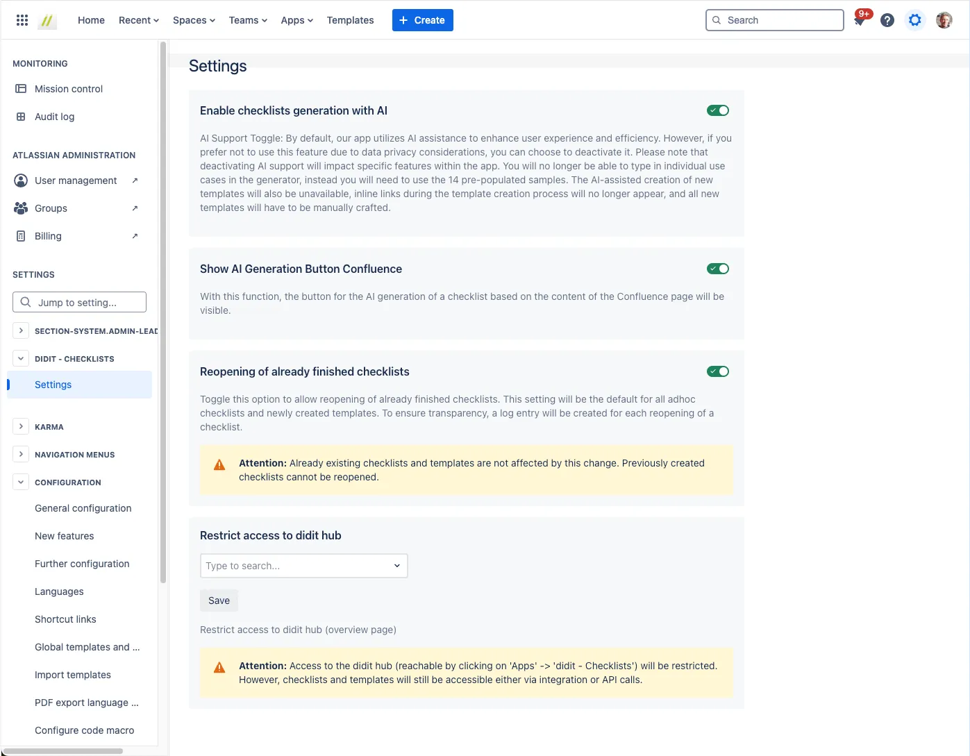 The Confluence admin setting which allows admins to control the creation of AI generated checklists.