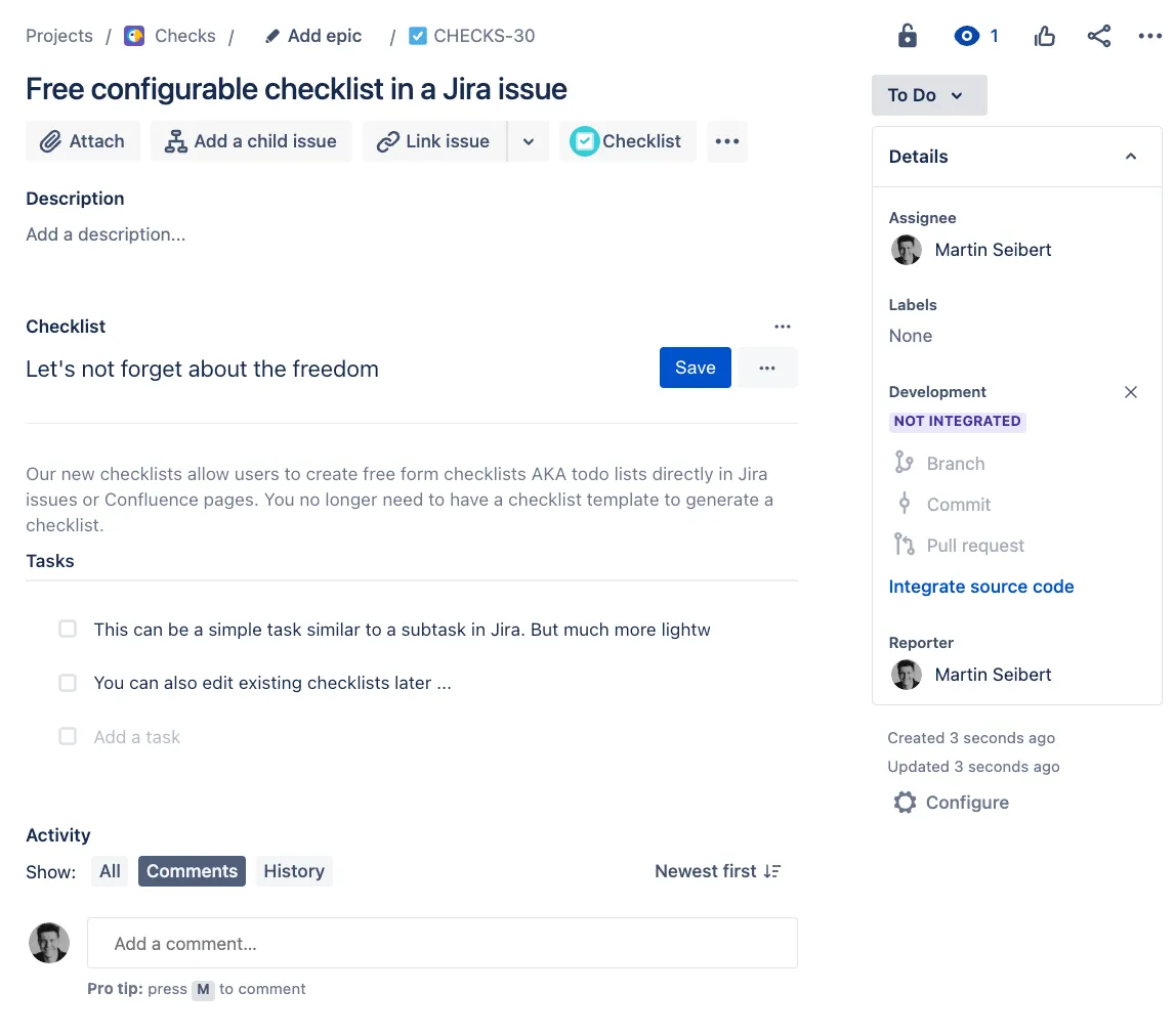 A jira issue with an ad-hoc Didit checklist.