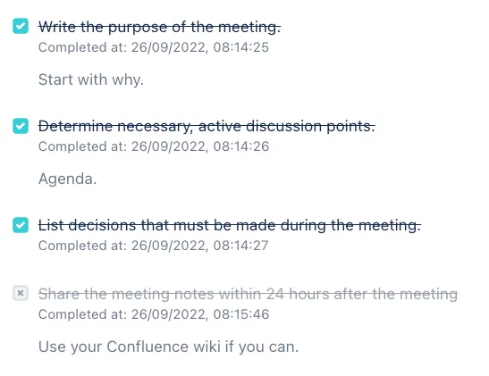 The timestamps that show on the checklist tasks after you hit the show details button.