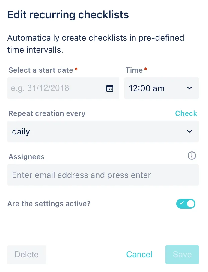 The Didit recurring checklist settings.