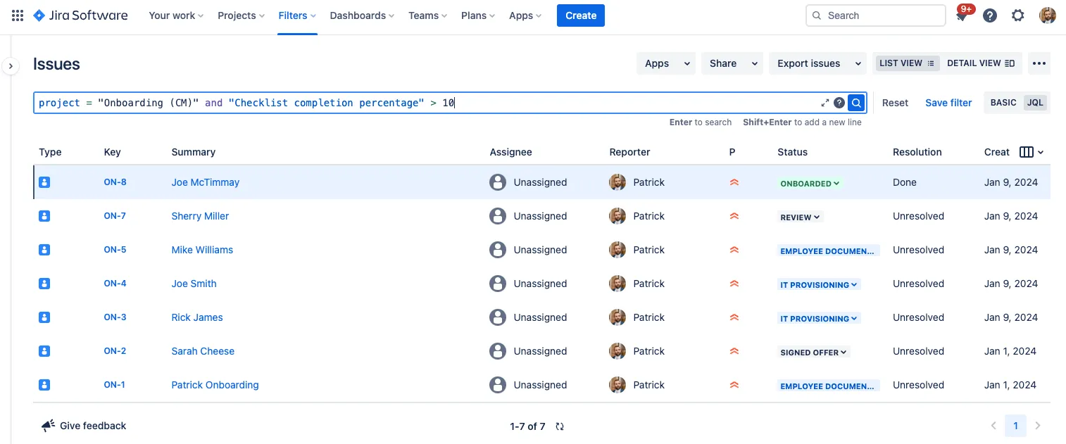 JQL for Checklist Fields.