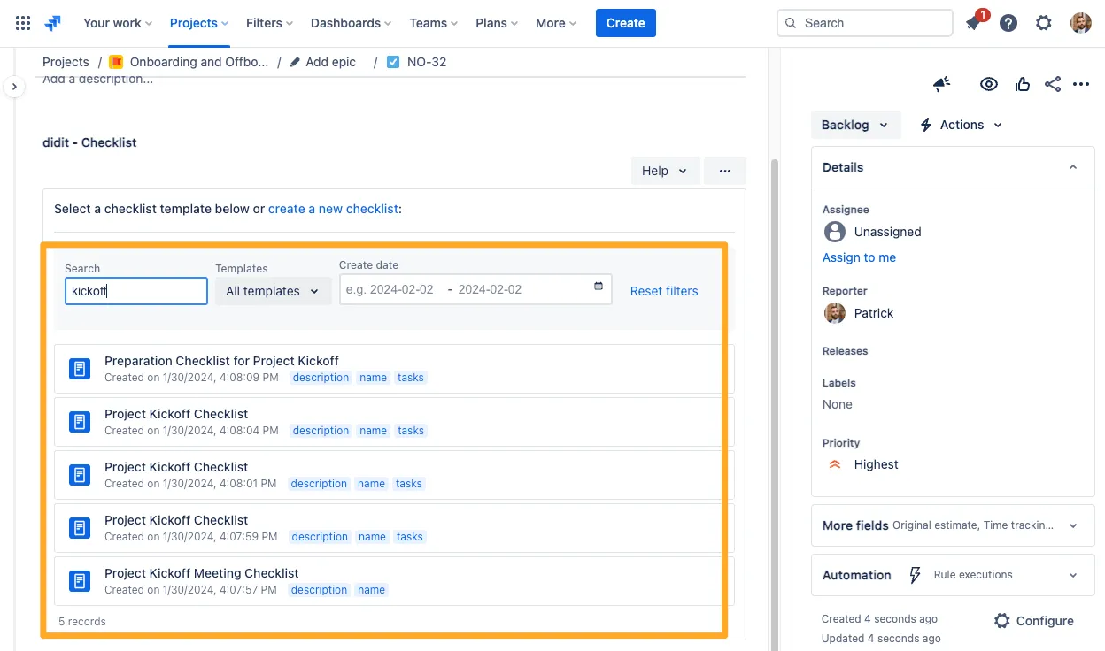 The Didit panel in a Jira issue with some text in the search bar to find the right template.