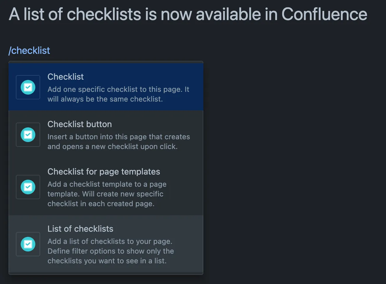 The checklist list macro in Confluence.