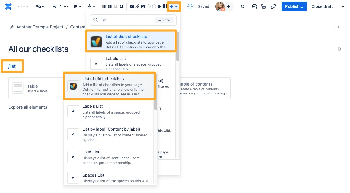 A Confluence page with the two ways to add a macro shown.