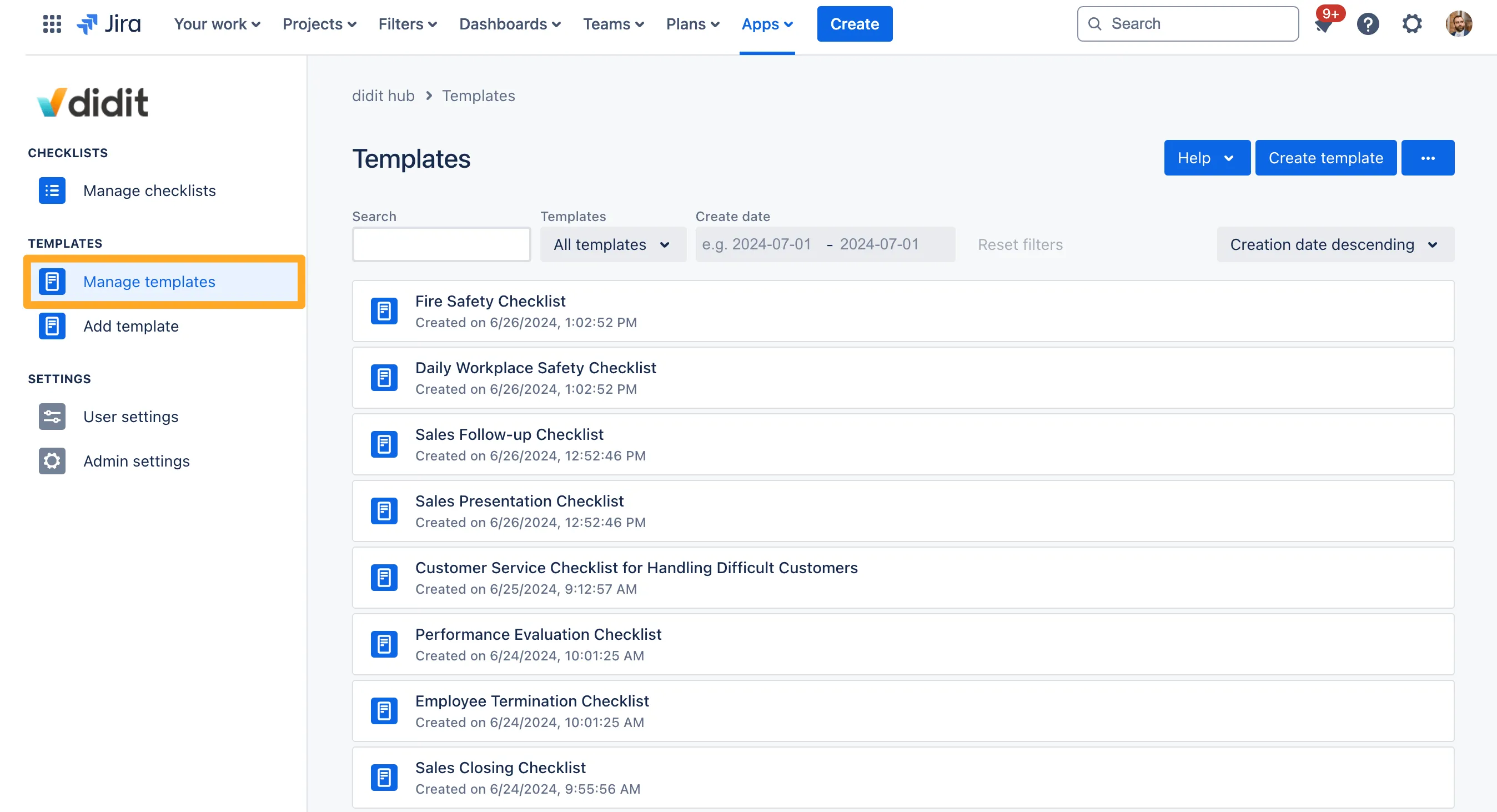 The Didit hub with the manage templates section open.