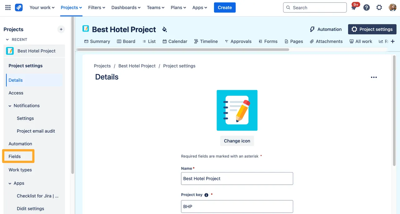 The enabled projects setting for the Checklists for Jira app.