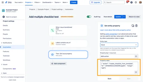 The automation property value to add a checklist to an issue for the action of the rule.