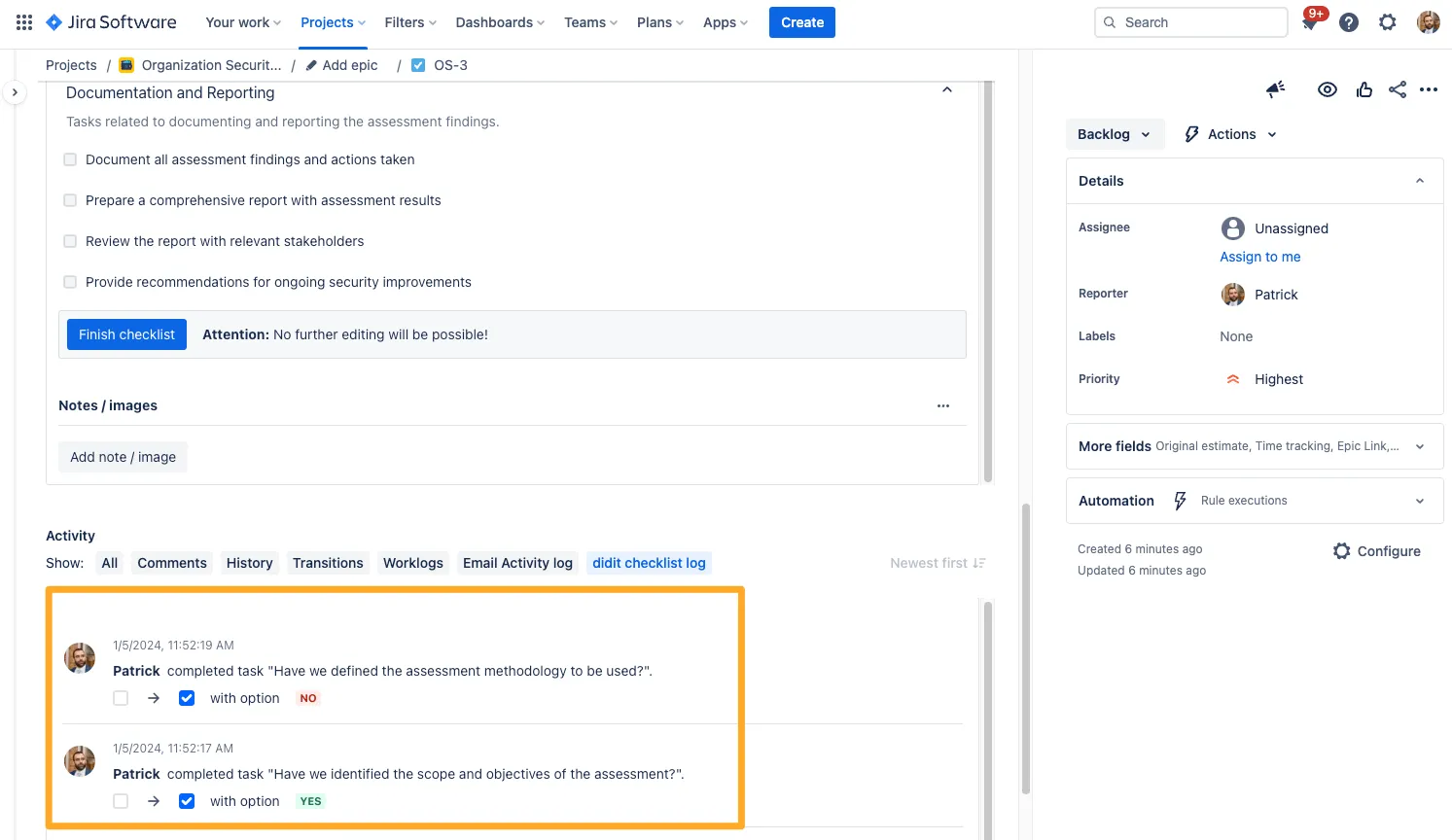 The Didit checklist audit log with a section highlighted showing the entry for a yes/no task.