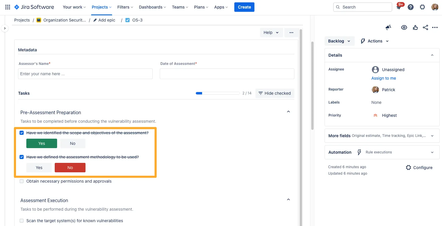 A Jira issue on the Didit panel with the Yes/No options highlighted.