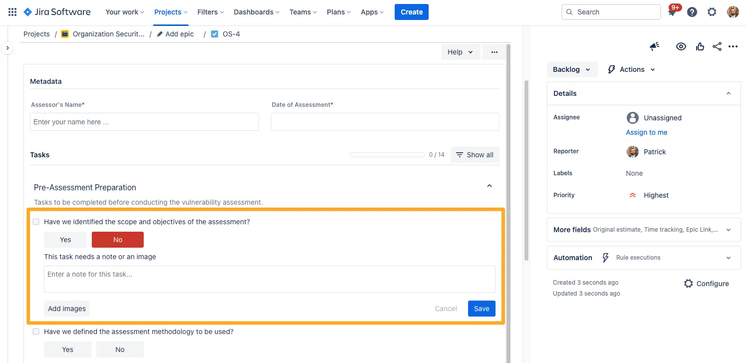 A Jira issue with the Didit panel highlighted and a task requiring an explanation because no is selected.