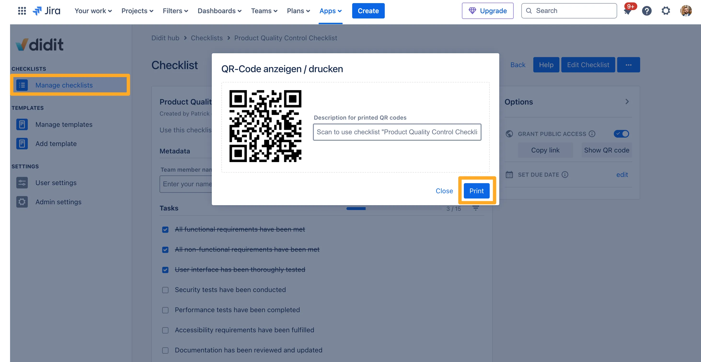 The print QR code option for individual checklists.
