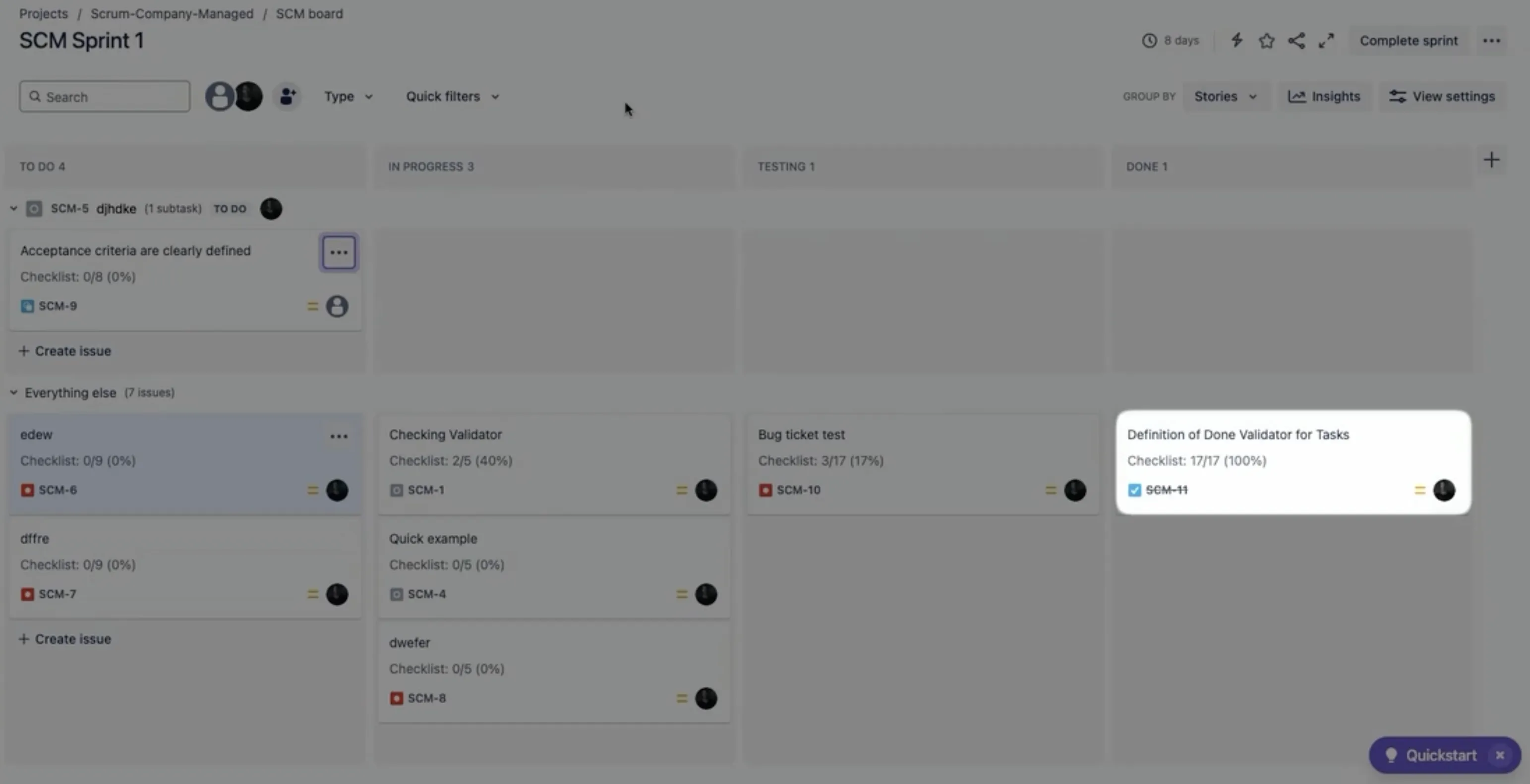 A Jira board with one issue highlighted showing the checklist progress.