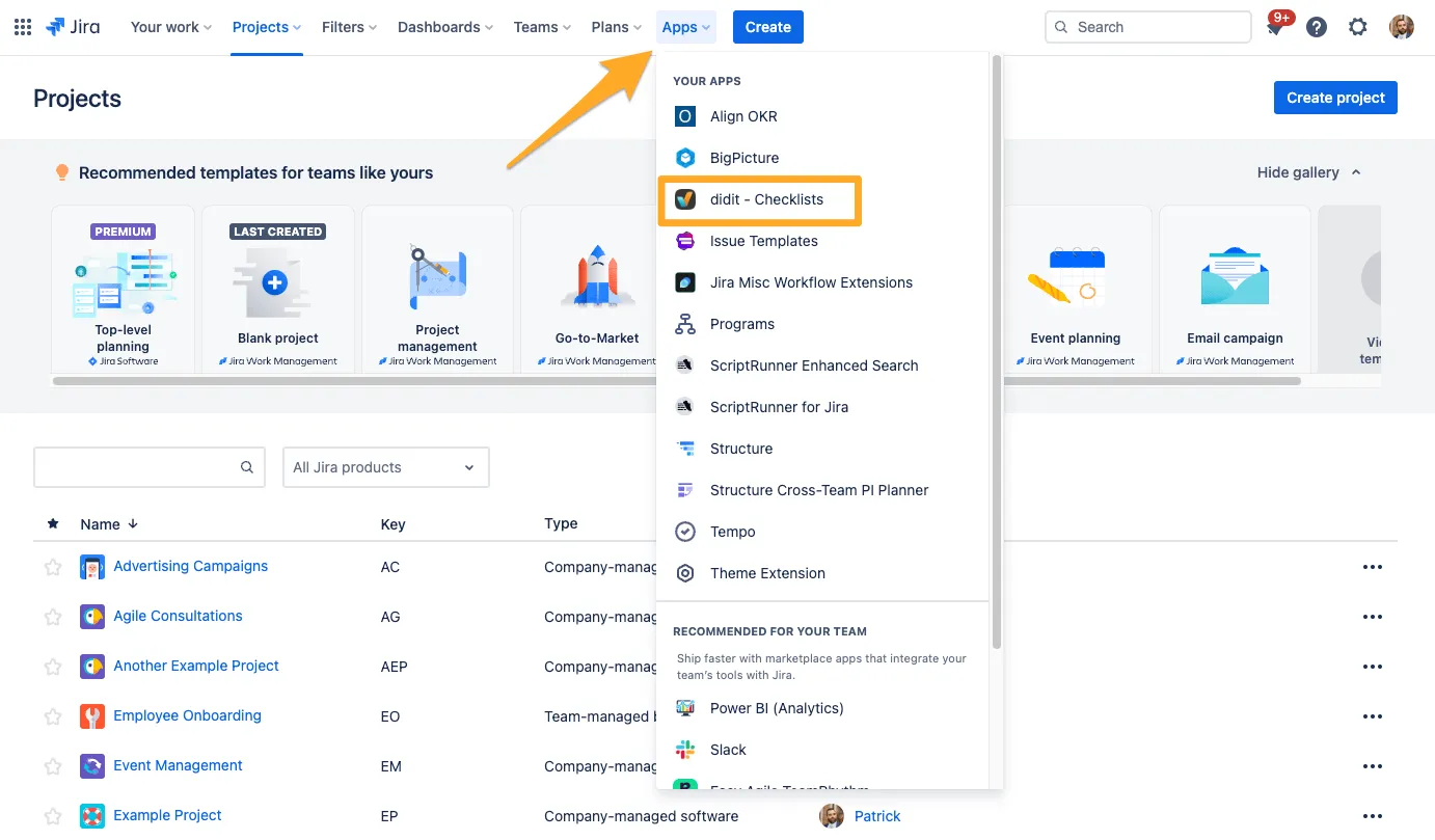 Jira with the Apps menu open and the Didit - Checklists option highlighted.