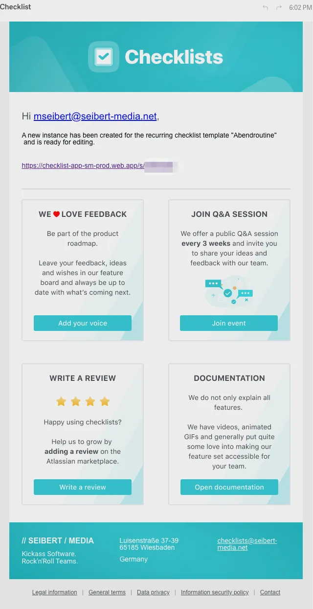 The assignee notification when a new checklist instance is created.