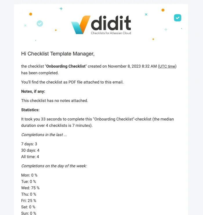 An example notification to a checklist manager for when a checklist is completed.