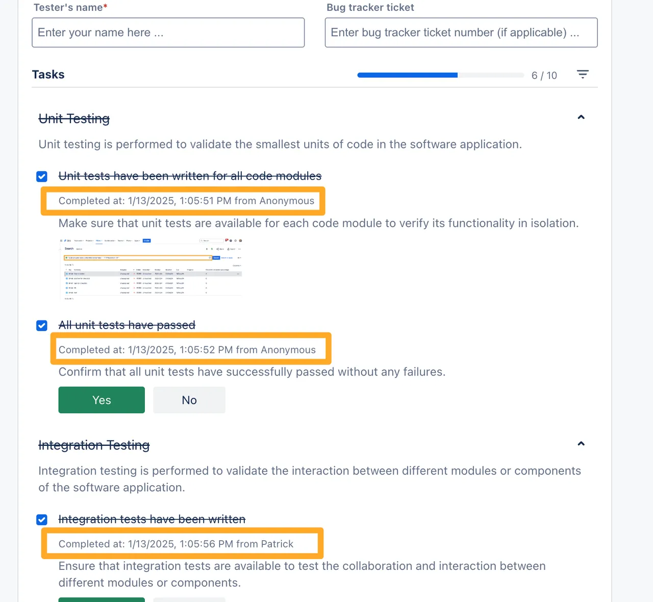 An example of a checklist with the user and date timestamps in the checklist view.