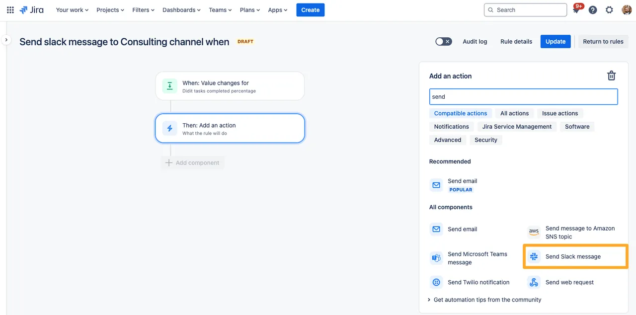 The rule with the send slack message action highlighted.