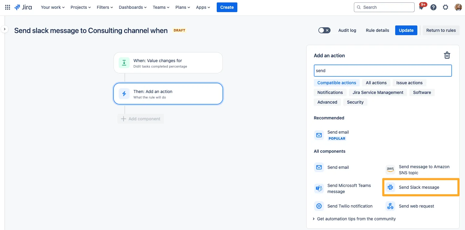 The rule with the send slack message action highlighted.