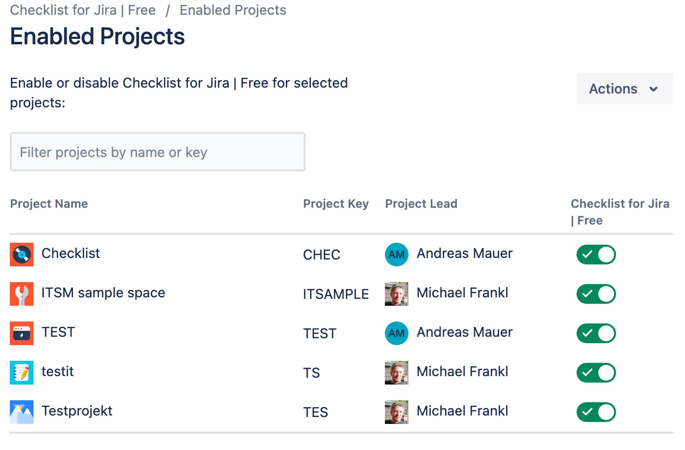 The enabled projects setting for the Checklists for Jira app.