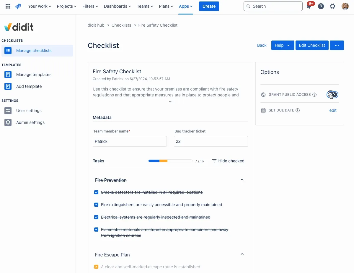 The entire process of making an individual checklist public.