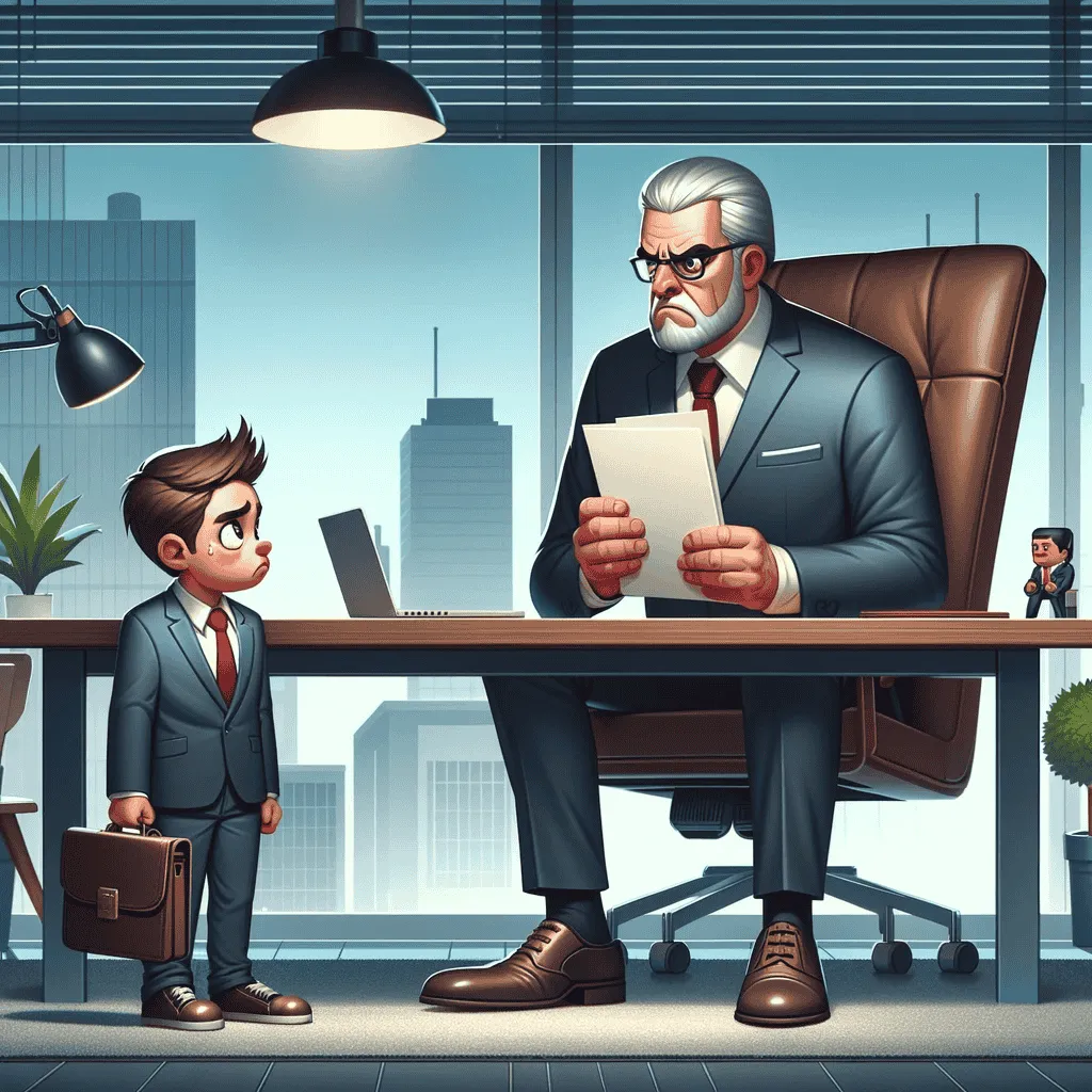A big scary boss sitting at a desk looking at a smaller worker.