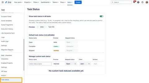 Task status admin setting in Jira.