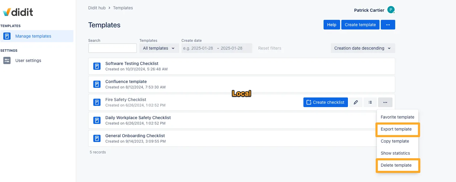 A Didit template from the template manager view with the ... menu open and the export and delete options highlighted.