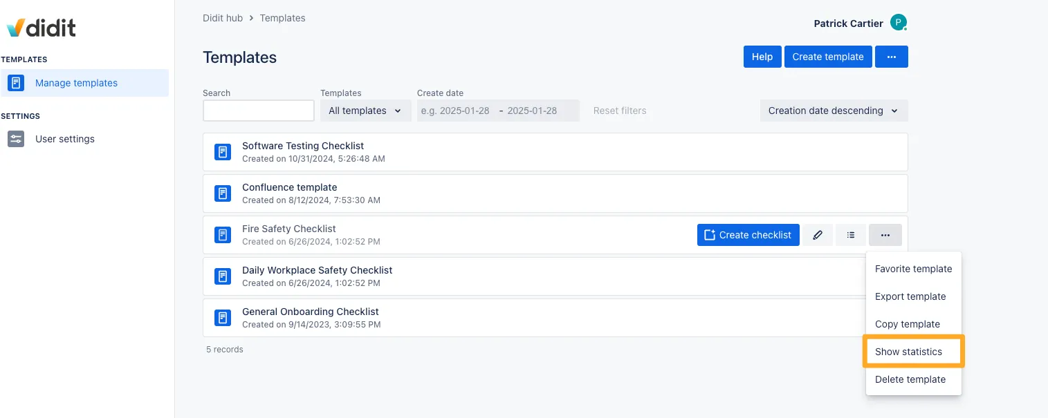 A Didit template from the template manager view with the ... menu open and the show statistics option highlighted.