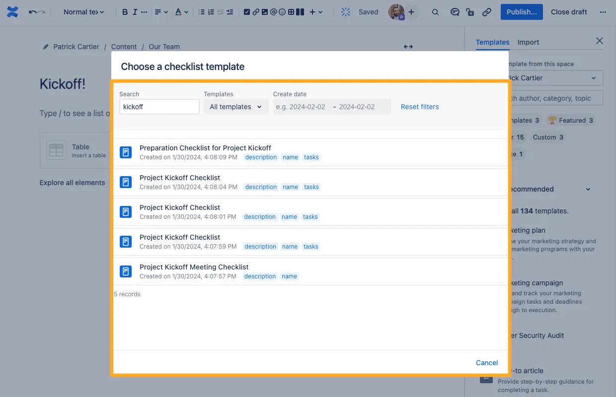 The Didit Confluence checklist macro with a search for a checklist template.